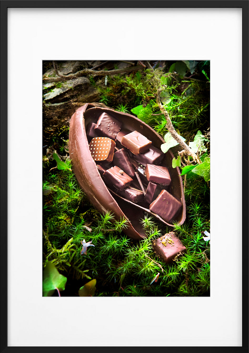 photos d'une cabosse avec chocolats à l'intérieur pour affiches encadrées 
